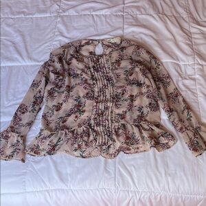 Jolt Beige Floral Pintuck Ruffle Blouse